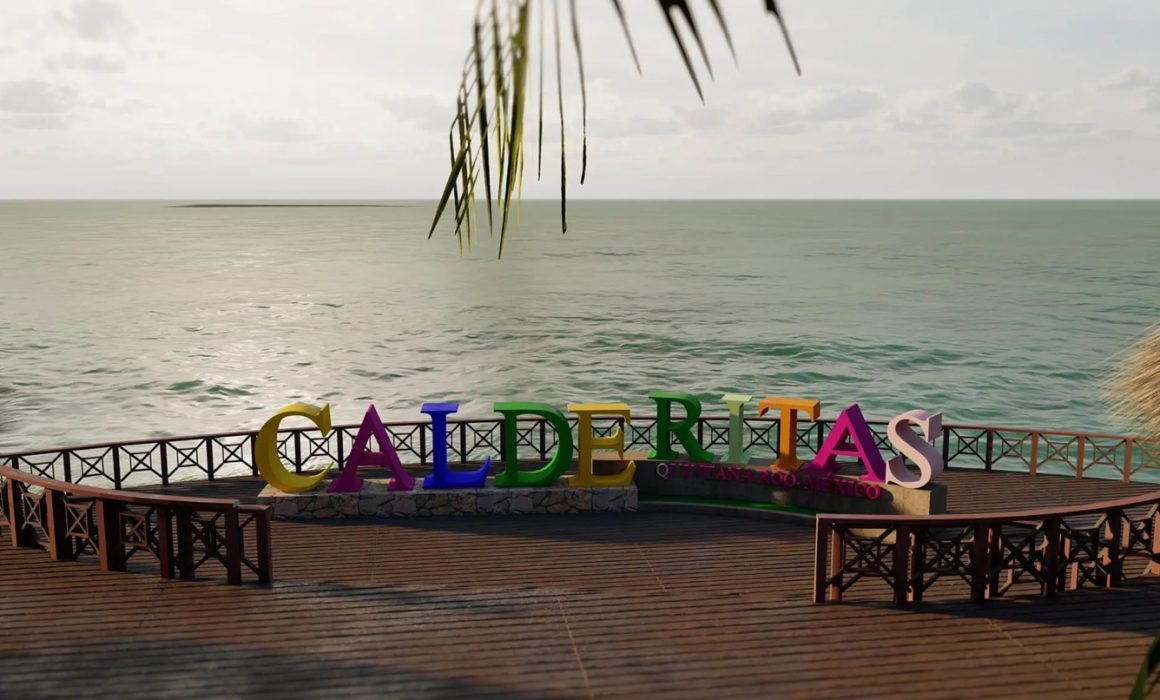Colorful sign that reads "CALDERITAS" on a wooden deck overlooking the ocean in Quintana Roo, Mexico.$#$ CAPTION