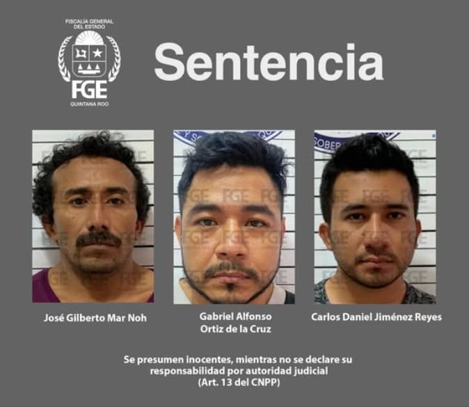 Three individuals are shown in their mugshots along with the title Sentencia and a note about their presumed innocence until proven guilty in a judicial authority-