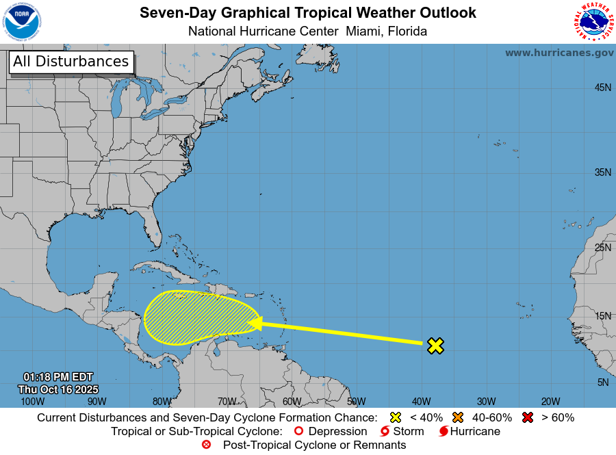 Map showing the tropical weather outlook from the National Hurricane Center, displaying areas of potential disturbances in the Caribbean and Atlantic Ocean with color-coded formation chances.$# CAPTION