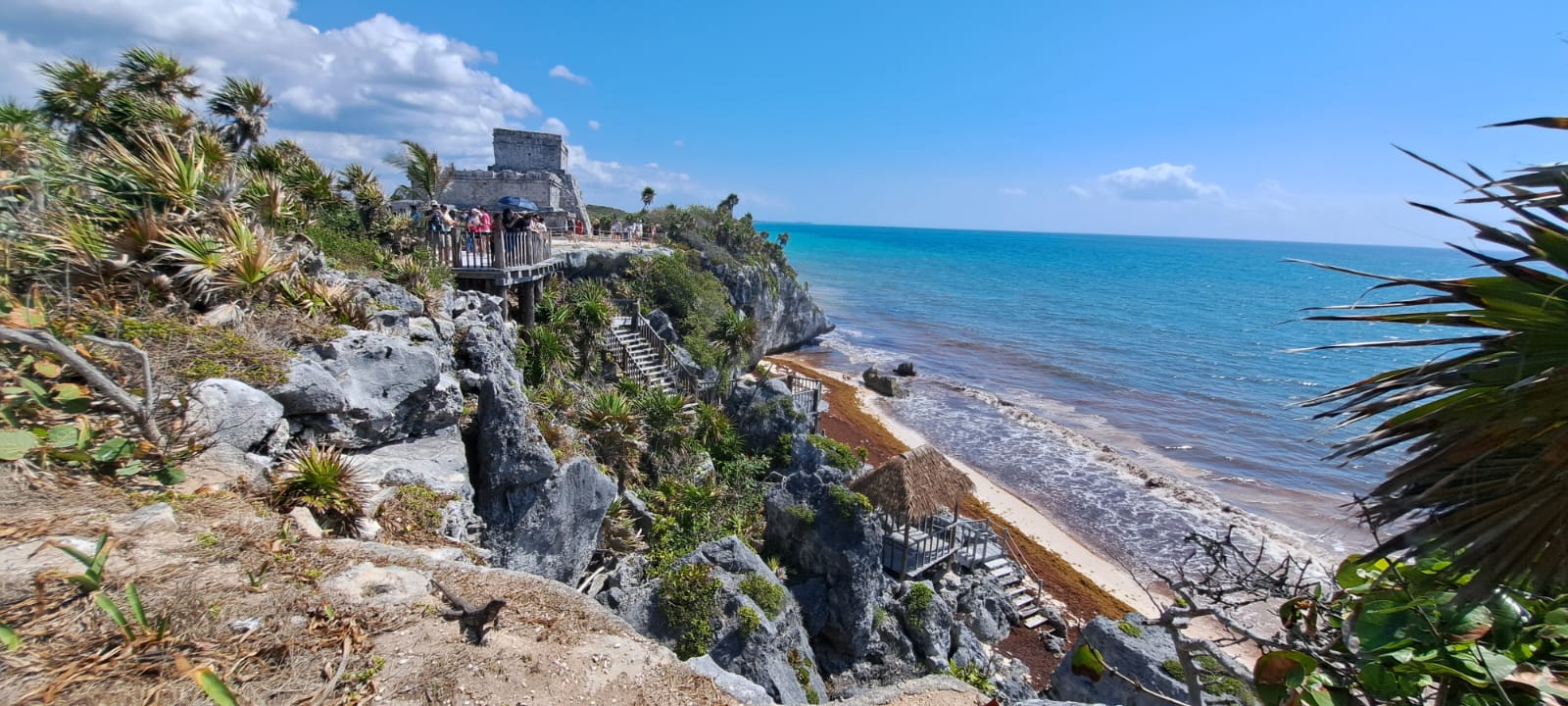 A panoramic view of Tulum ruins on a cliff beside the Caribbean Sea, with visitors exploring the site and clear blue skies overhead.$#$ CAPTION