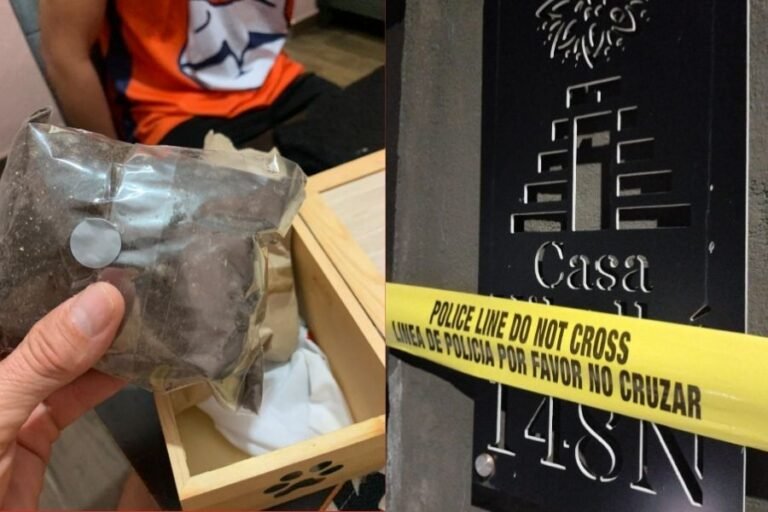 A person holding a bag of unknown substance near a police line at a building entrance labeled 'Casa'.