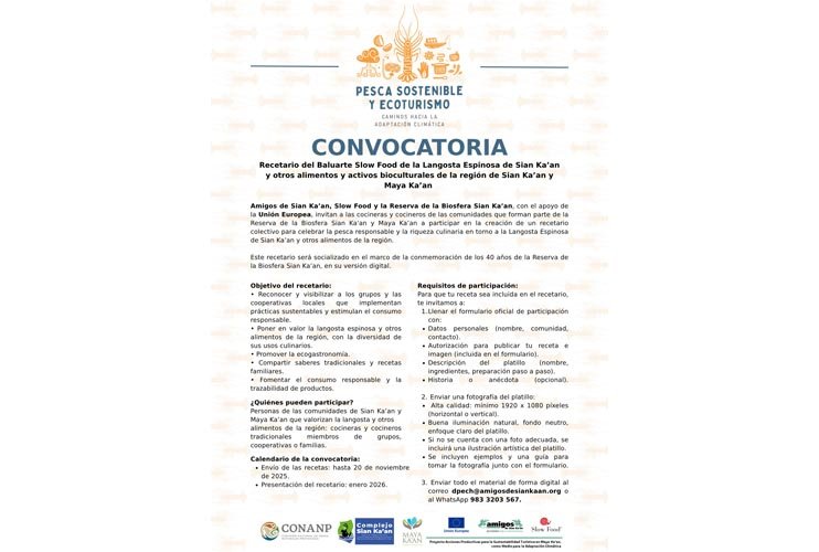 A flyer announcing a sustainable fishing and ecotourism initiative in the Sian Ka'an region, highlighting community involvement and cultural activities.$# CAPTION