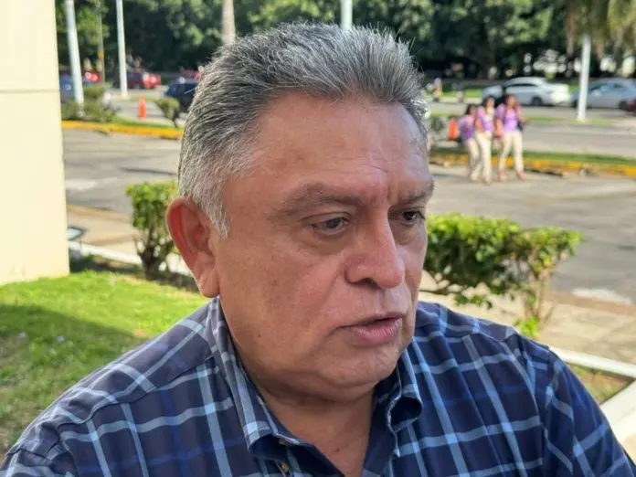 Middle-aged man with gray hair, wearing a plaid shirt, engaged in conversation outdoors, with a blurred background of people and greenery