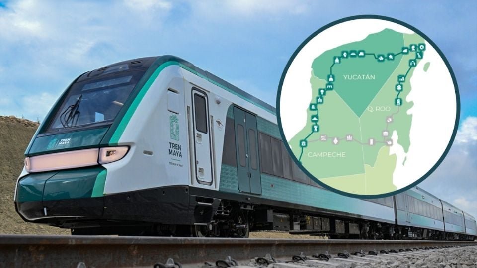 Modern Tren Maya train on tracks with a map inset showing its route through Yucatán Campeche and Quintana Roo