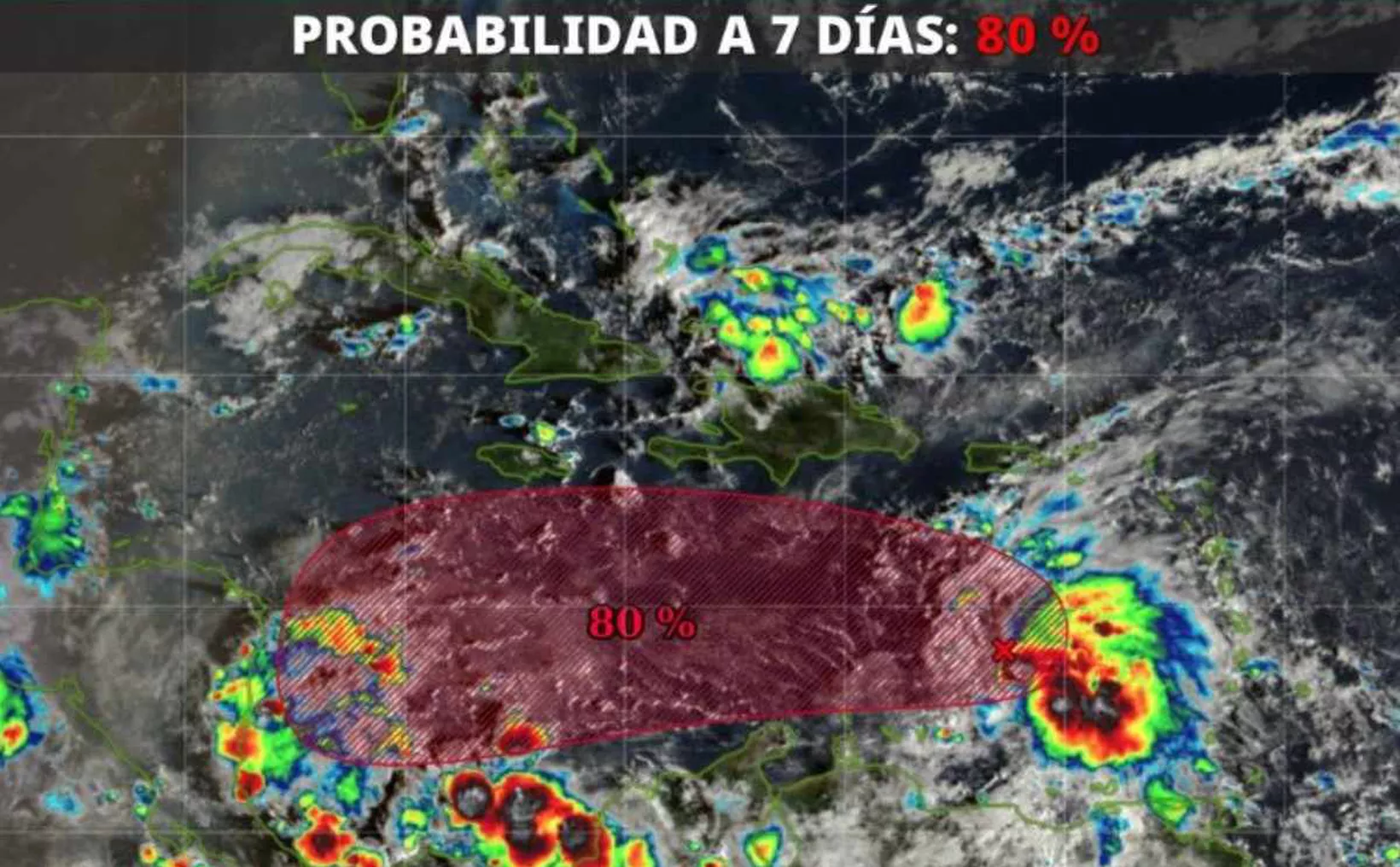 Satellite image showing a tropical weather system with an 80% probability over the Caribbean region