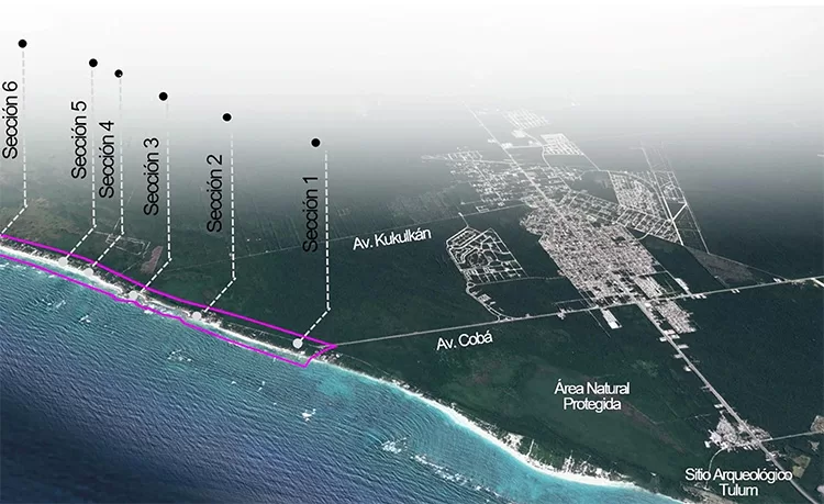 A map of Tulum, Mexico, highlighting sections along the coast and local roads, including Av. Kukulkán and Av. Cobá, with an archaeological site noted.