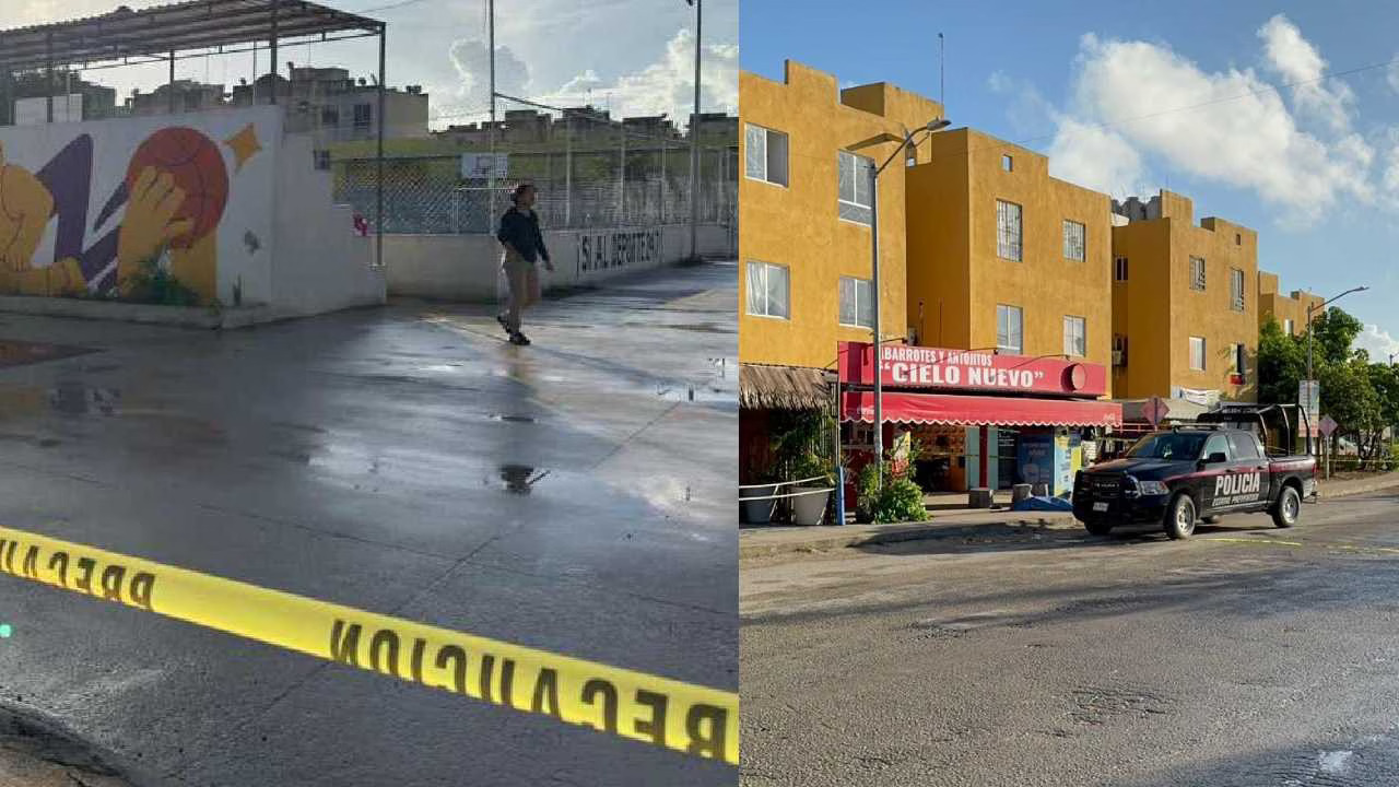 a split view of a basketball court with caution tape and a street with a shop and police vehicle