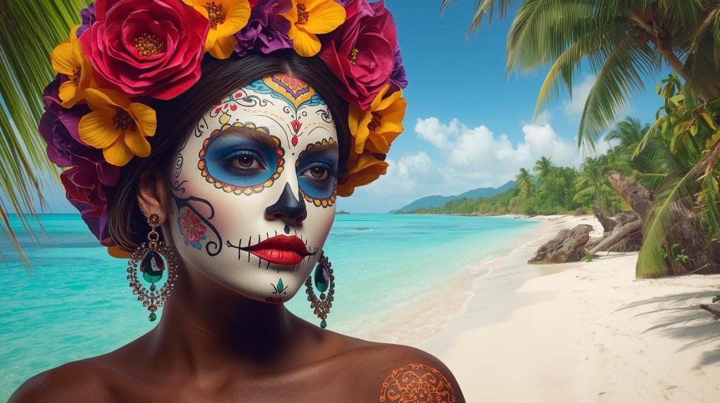 A woman with elaborate sugar skull makeup and a floral crown stands against a tropical beach backdrop. Her striking features and colorful accessories create a captivating portrait.