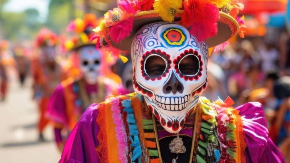 a person wearing a colorful costume and a decorated skull mask during a festival parade-21102025