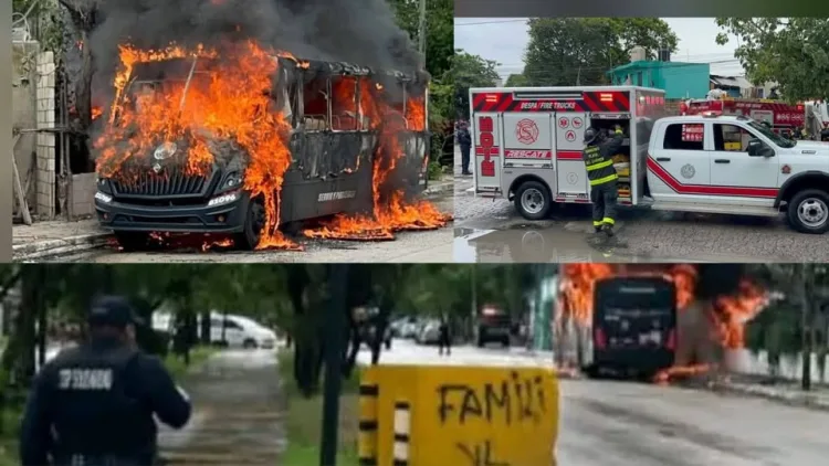 A collage depicting a bus on fire, an emergency response vehicle, and a police officer approaching the scene of a fire incident in an urban area.$# CAPTION