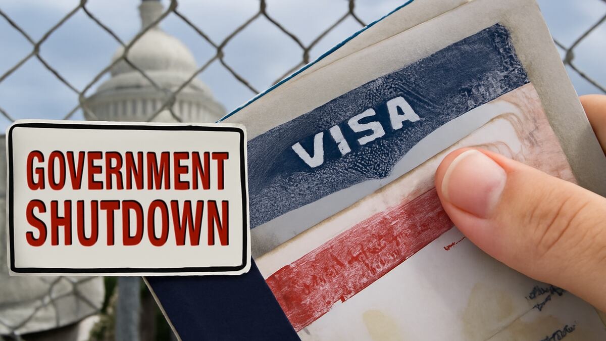 A close-up of a hand holding a visa against a backdrop of a government building with a sign reading "GOVERNMENT SHUTDOWN"