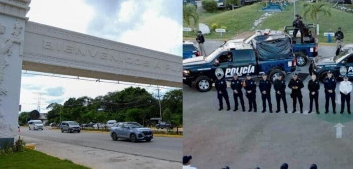 A welcome sign at the entrance of a town alongside a police presence with officers lined up and vehicles at a checkpoint.$#$ CAPTION