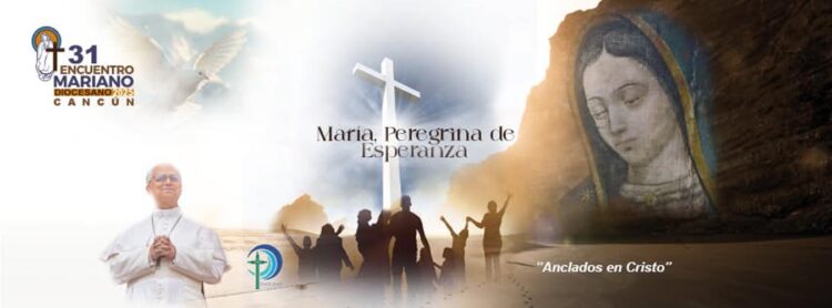 A serene scene featuring a cross, a depiction of the Virgin Mary, and people gathered in prayer at the beach, representing faith and hope.