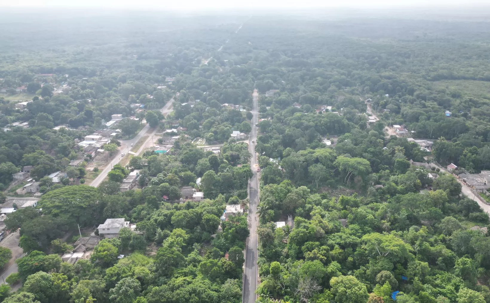 Aerial view of a road lined by houses and dense greenery in the countryside.$#$ CAPTION