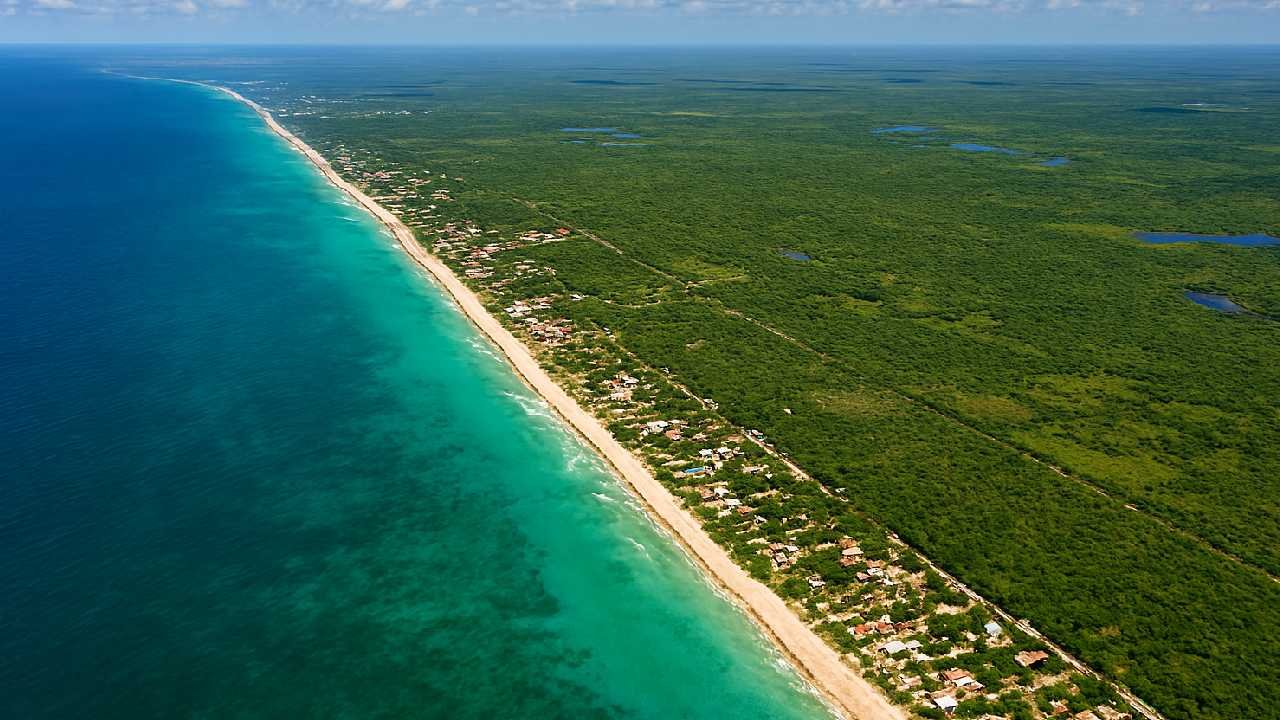 Aerial view of a coastline with turquoise waters and lush greenery along the shore-$# CAPTION
