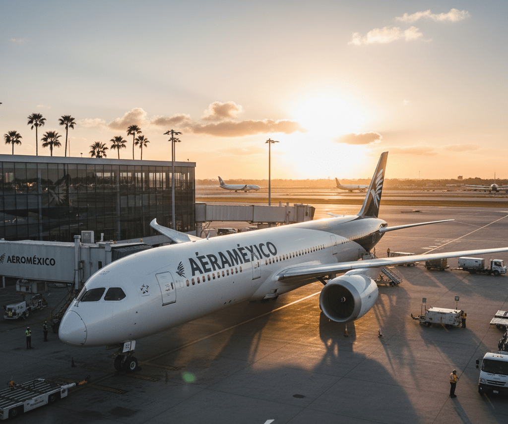 An Aéroméxico aircraft parked at the airport with the sunset in the background, surrounded by palm trees and other planes in the distance.
