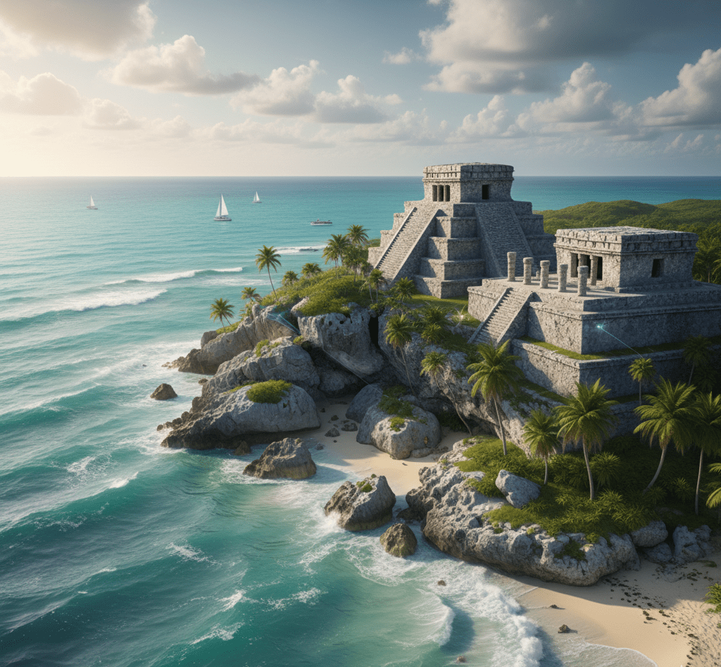 A scenic view of ancient stone temples perched on a rocky coastline with turquoise waters and sailboats in the background. Palm trees surround the area, creating a tropical atmosphere.