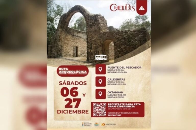 promotional poster for an archaeological tour highlighting key locations and times