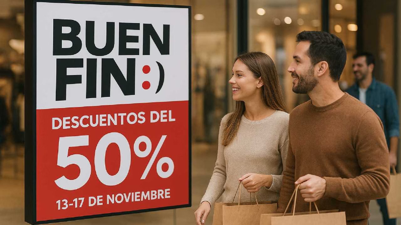 a couple walking with shopping bags in front of a banner advertising discounts for Buen Fin