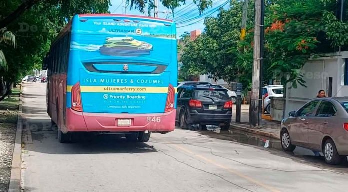 A pink and blue bus parked on a street, advertising trips to Isla Mujeres and Cozumel, with textures of greenery and parked cars in the background.$# CAPTION
