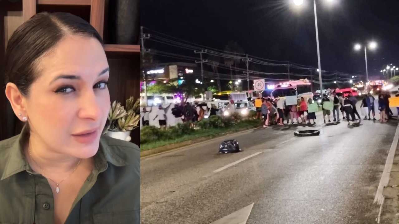 A woman on the left side of the image looks at the camera, while on the right, a group of people stand on a road holding signs during a night protest.$# CAPTION