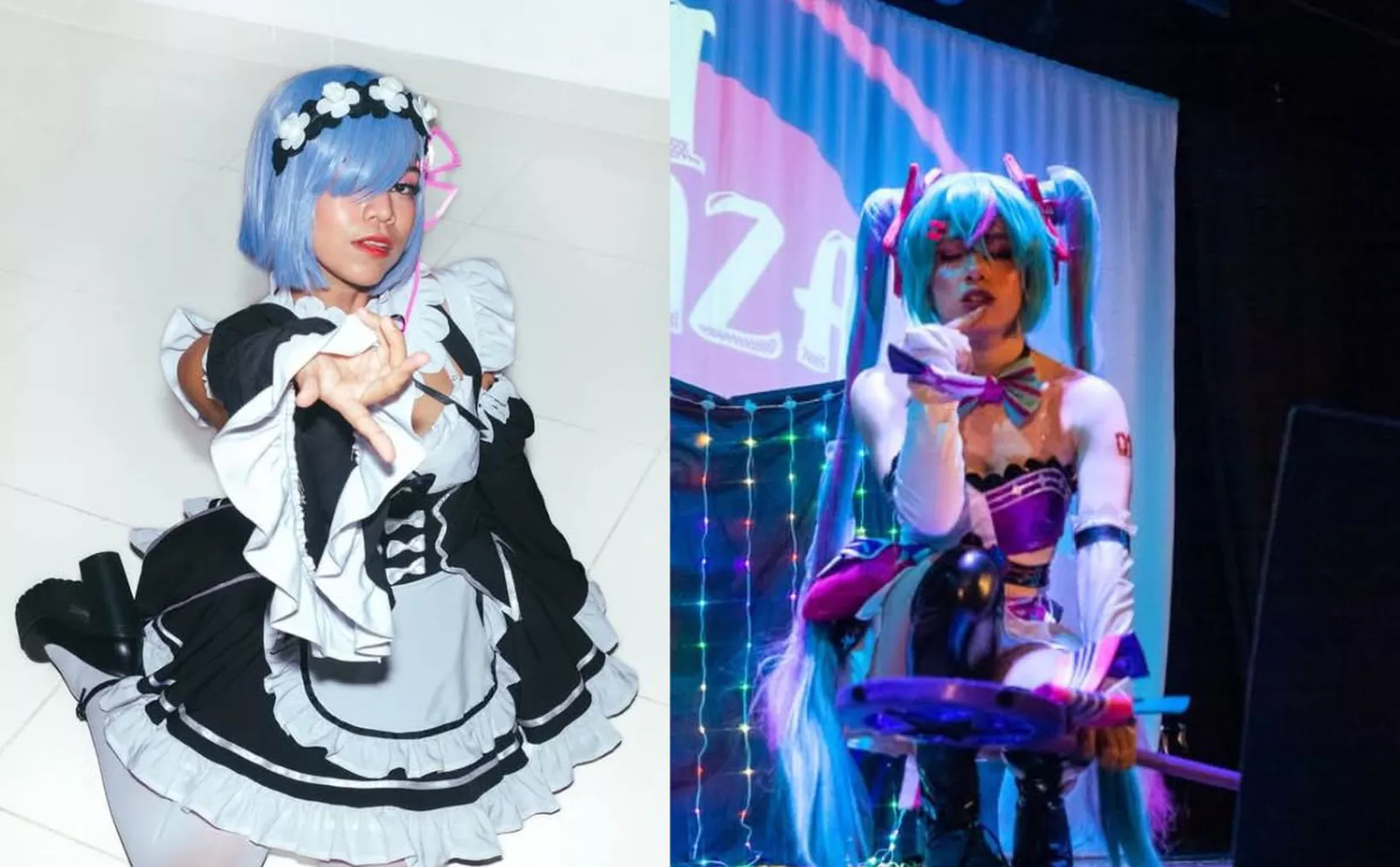 Two cosplayers posing in character outfits, one in a maid costume and the other in a colorful outfit with accessories, capturing a creative performance scene.$# CAPTION