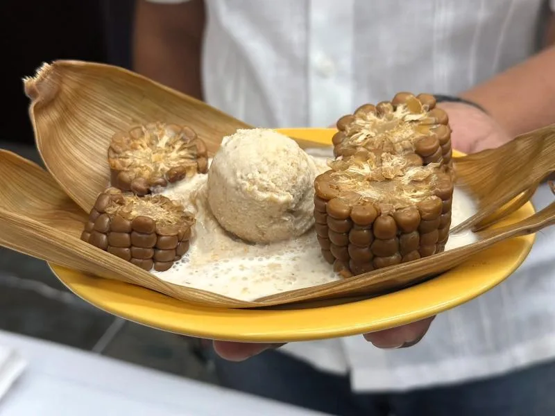 a person holding a plate with a traditional dessert featuring corn and a scoop of ice cream-26112025