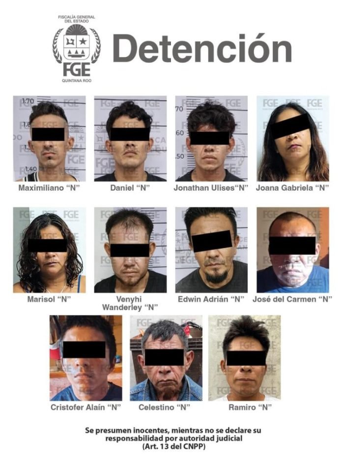 A series of police booking photos showing individuals with obscured identities. Each photo includes a label indicating the person’s name with "N" as part of their identifier, along with a logo of the attorney general's office of Quintana Roo.