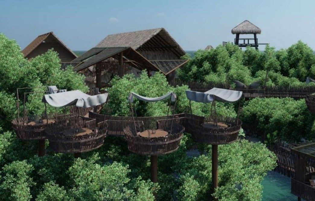 A unique treehouse structure surrounded by greenery, featuring suspended seating areas and rustic architecture.$#$ CAPTION