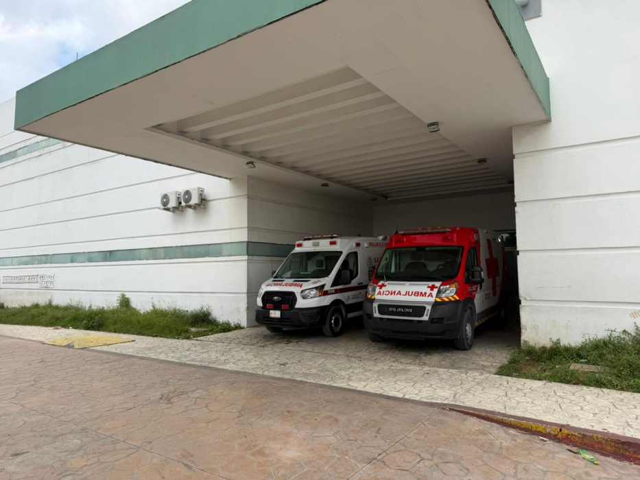 Two ambulances parked under a covered area at a medical facility entrance. One is marked with a red cross, while the other has a different design. The building is white with green accents and has some greenery at the base.