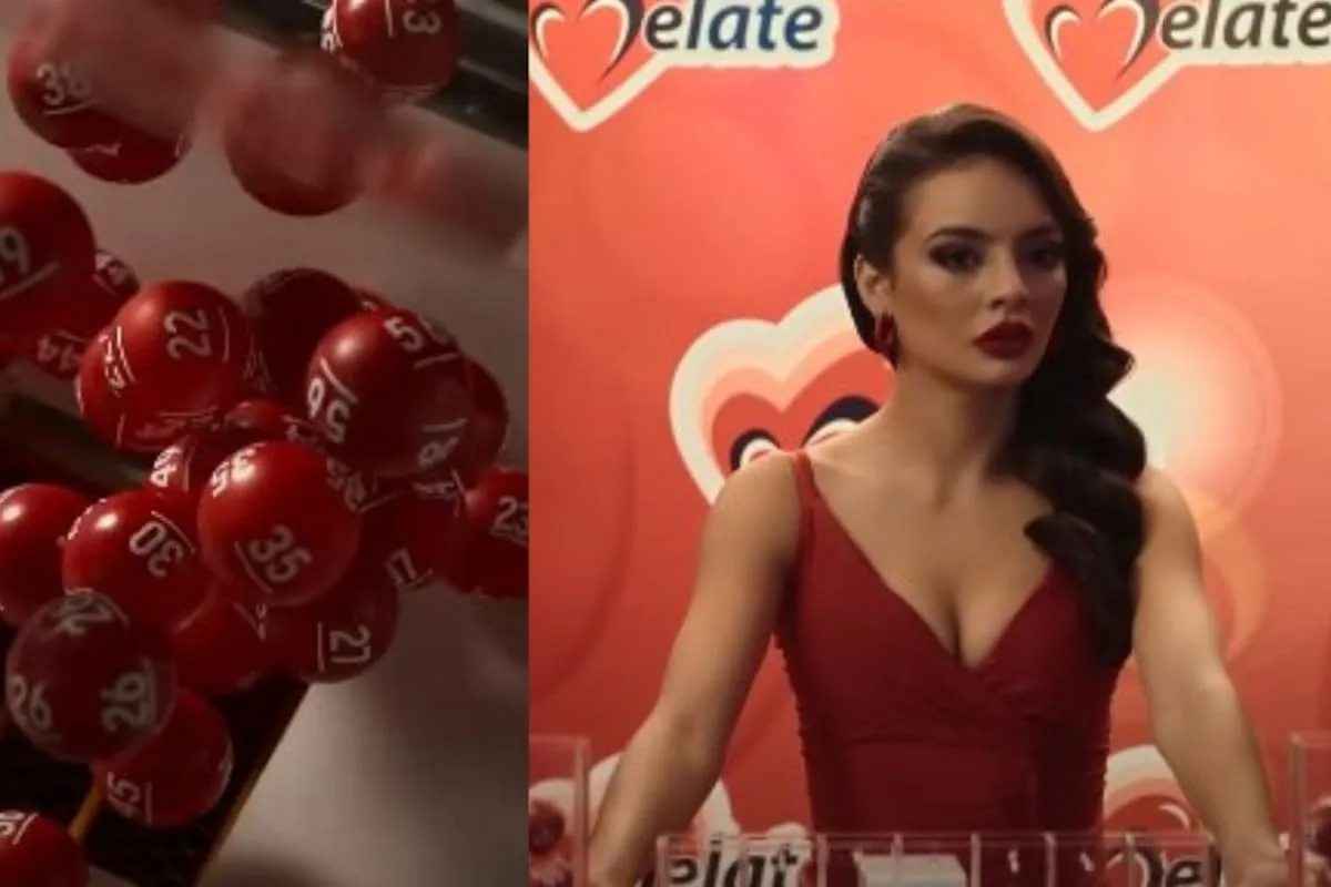 A lottery draw featuring red balls with numbers and a woman in a red dress seated at a clear table during the event.$#$ CAPTION