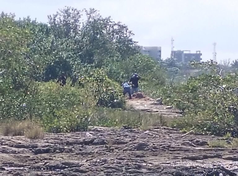 Two people exploring a rocky area overgrown with vegetation near an urban backdrop.