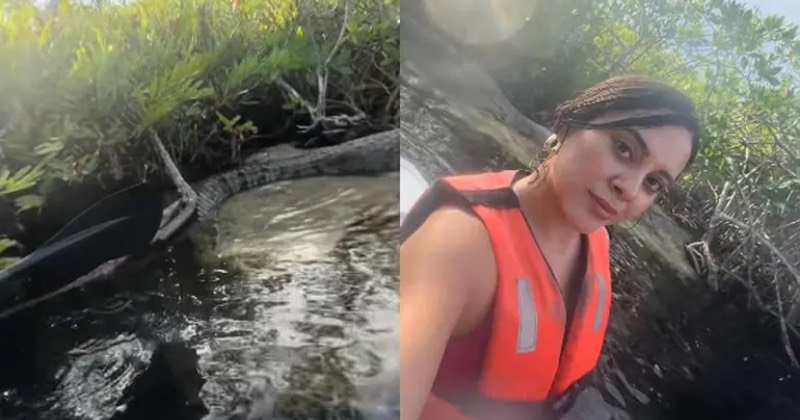A person in a life jacket taking a selfie while kayaking in a mangrove area, with water and greenery surrounding them.$#$ CAPTION