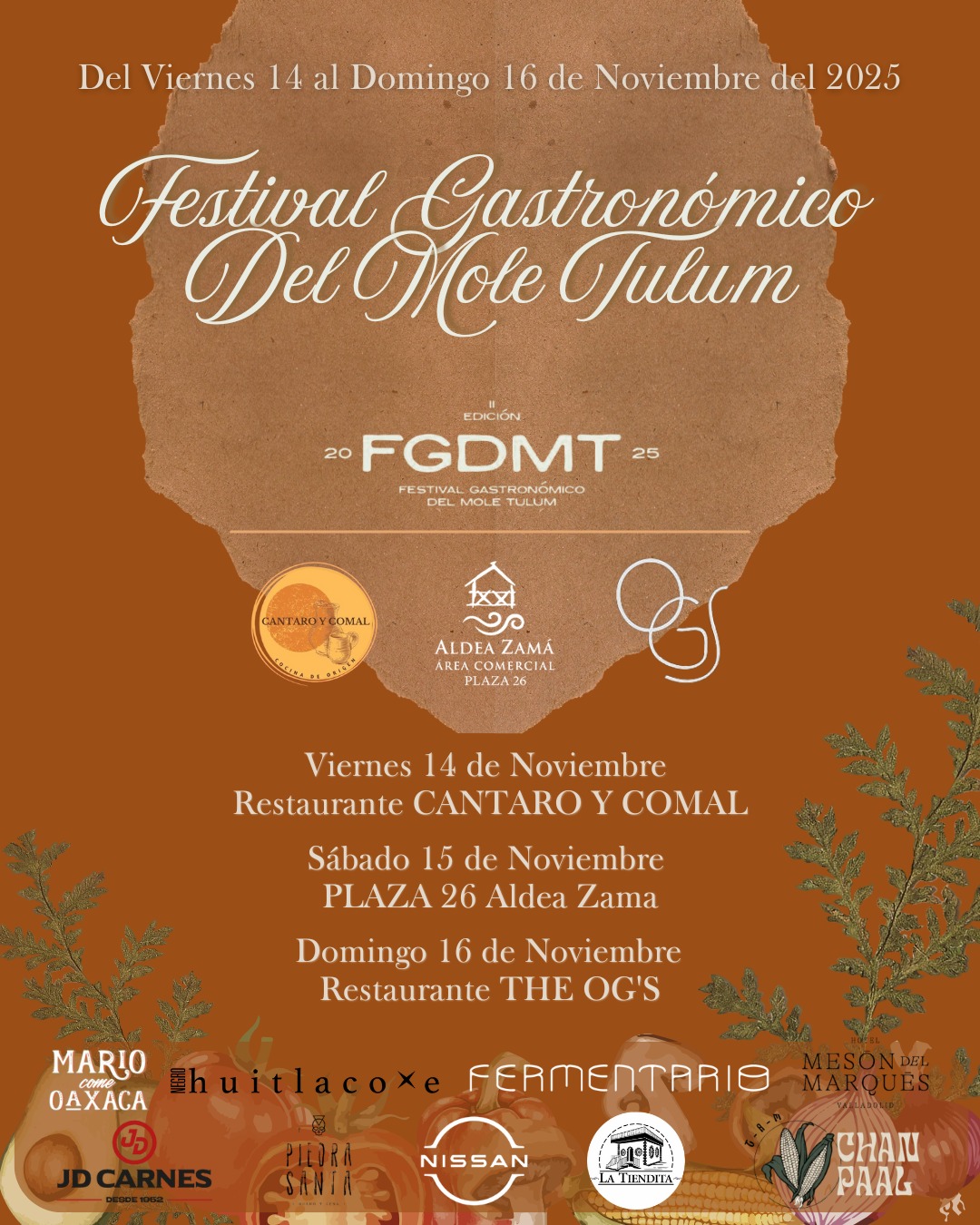 Promotional poster for the Festival Gastronomico Del Mole Tulum, showcasing event details and participating restaurants.$# CAPTION