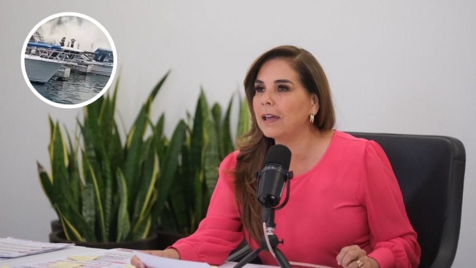 A woman in a pink blouse speaking into a microphone at a press conference with plants in the background and a round inset image of boats on water-