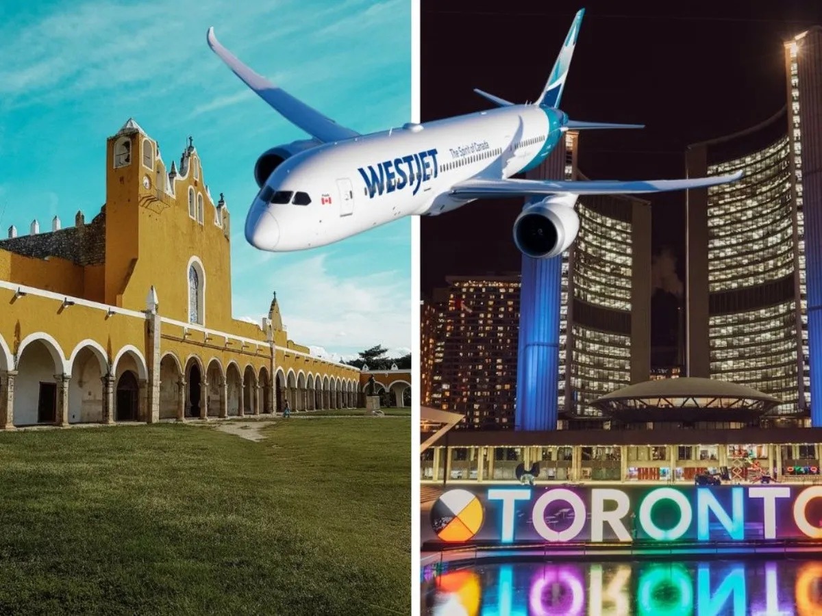 A split image featuring a historic yellow building on the left and a WestJet airplane flying above a modern city skyline at night on the right, with colorful city lights and a prominent "TORONTO" sign visible.