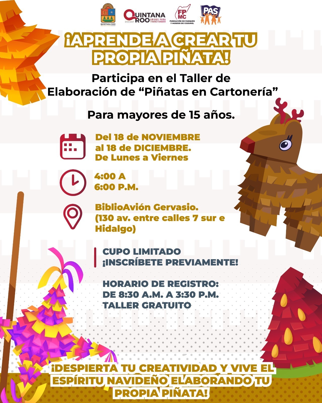 A colorful poster promoting a piñata-making workshop, including dates, times, and location details.$# CAPTION