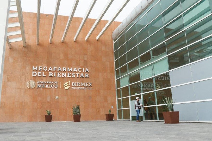 Exterior view of the Megafarmacia del Bienestar building, showcasing the signage and modern architecture.$#$ CAPTION