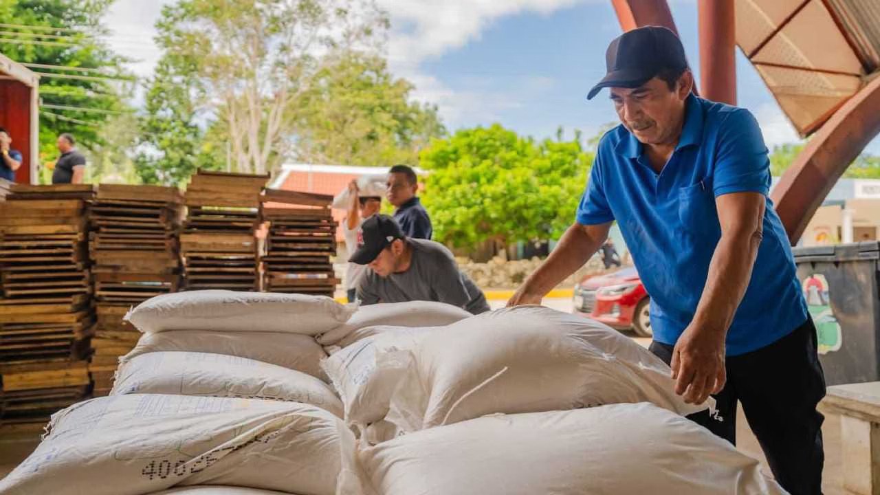 a man arranging large bags of supplies outdoors with others in the background-17112025