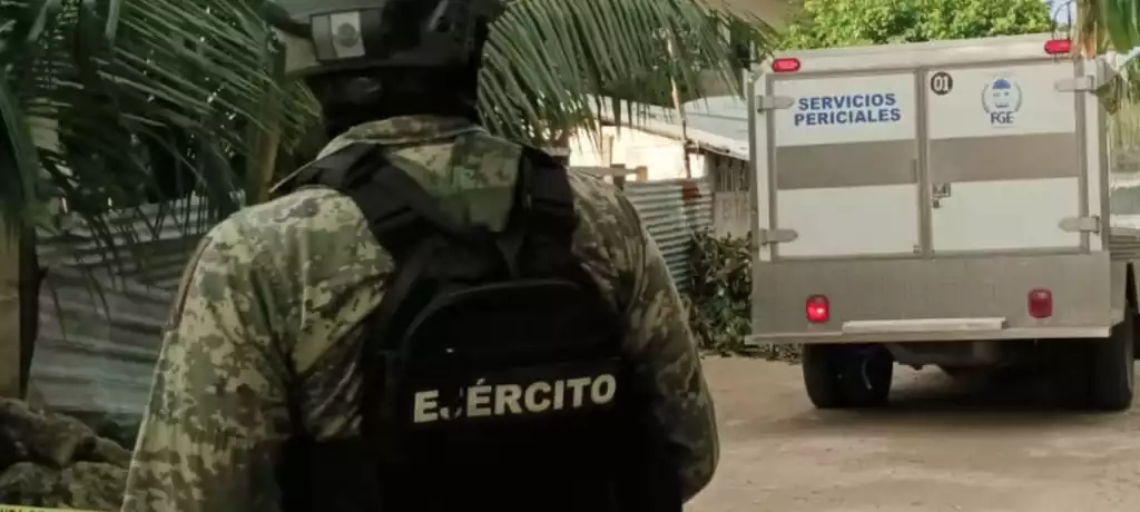 a soldier in camouflage uniform stands near a forensic services vehicle in a tropical environment