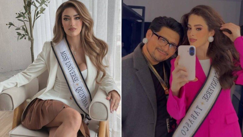 Two images of beauty pageant contestants, one seated in a stylish outfit and the other taking a selfie with a colleague, both wearing sashes.