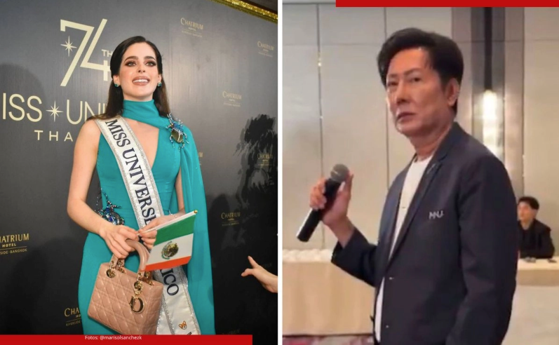 A woman wearing a Miss Universe sash and holding a flag stands next to a man speaking at an event