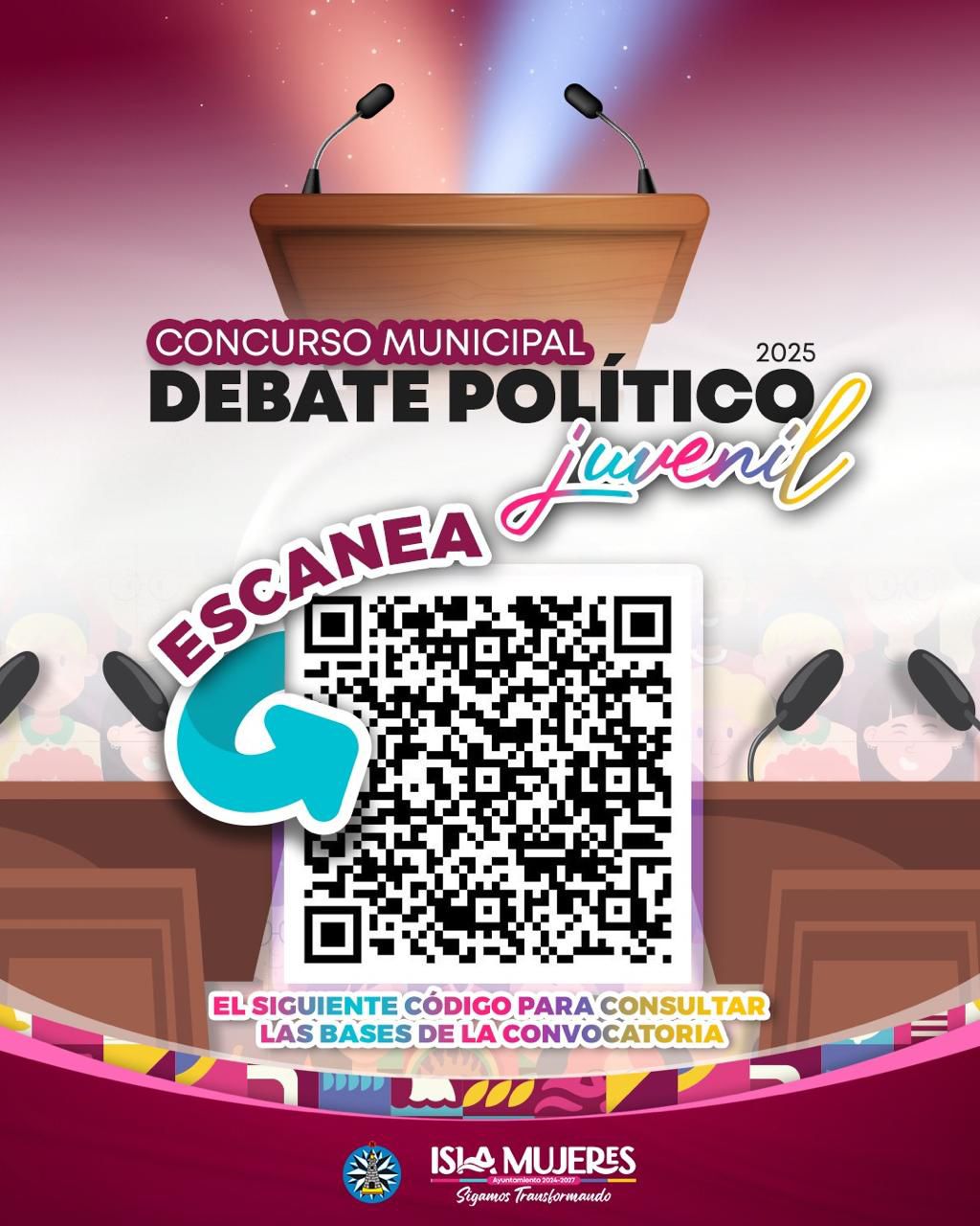 Promotional graphic for a municipal youth political debate, featuring a podium and QR code for more information