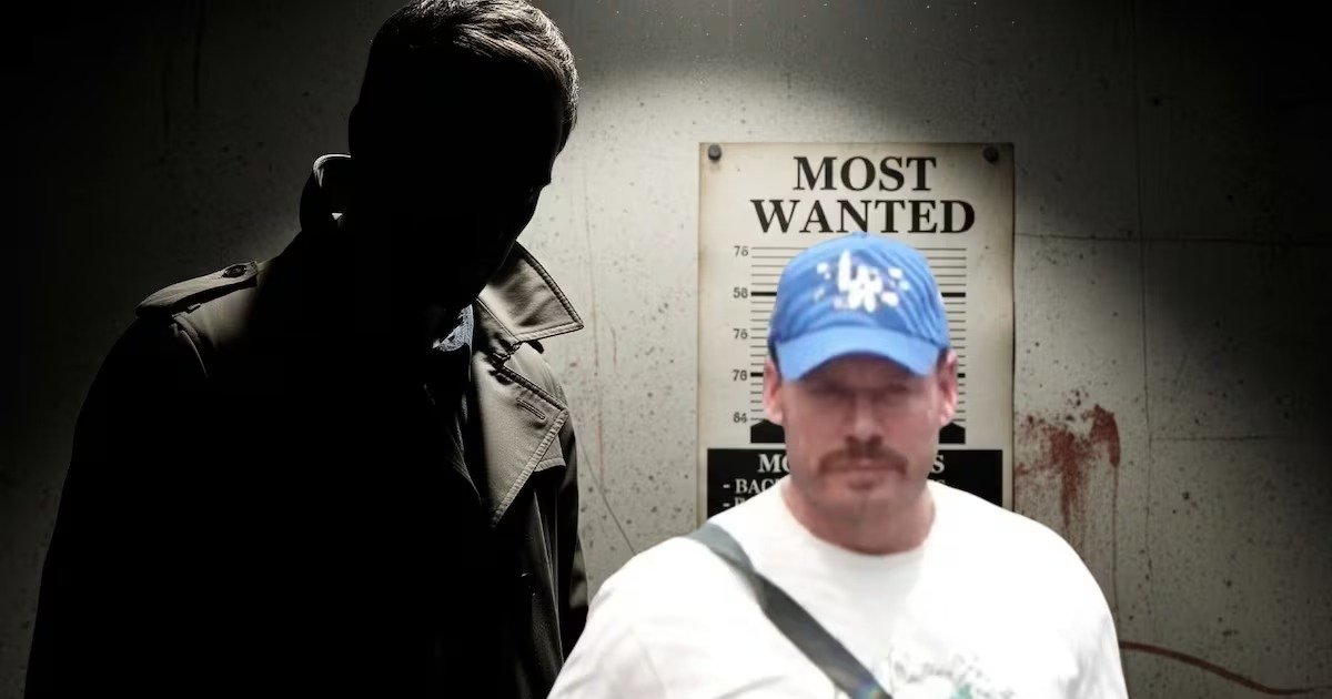 a shadowy figure beside a man in a blue cap standing in front of a most wanted poster