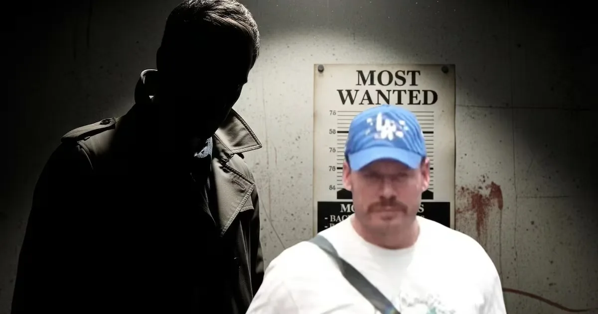 a shadowy figure beside a man in a blue cap standing in front of a most wanted poster