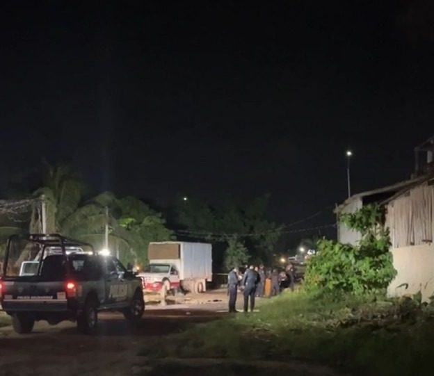 A nighttime scene depicting police vehicles and personnel gathered near a street in a rural area with a truck in the background and foliage surrounding them.