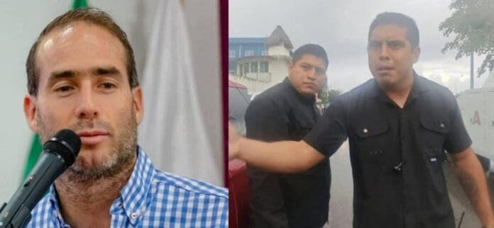 Image of two segments: one showing a man in a checkered shirt speaking into a microphone, and the other showing two men in black shirts, one gesturing while the other looks on with a serious expression.$# CAPTION