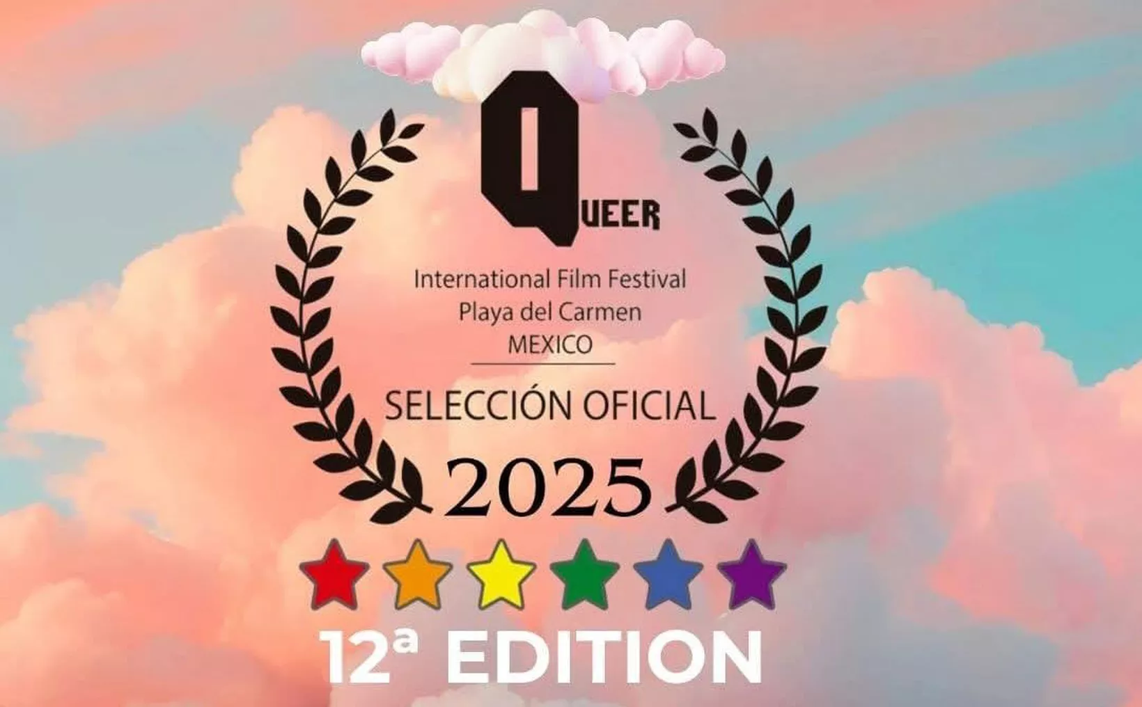 Logo for the Q Queer International Film Festival showcasing the event details and theme for 2025, featuring vibrant colors and clouds in the background.$# CAPTION