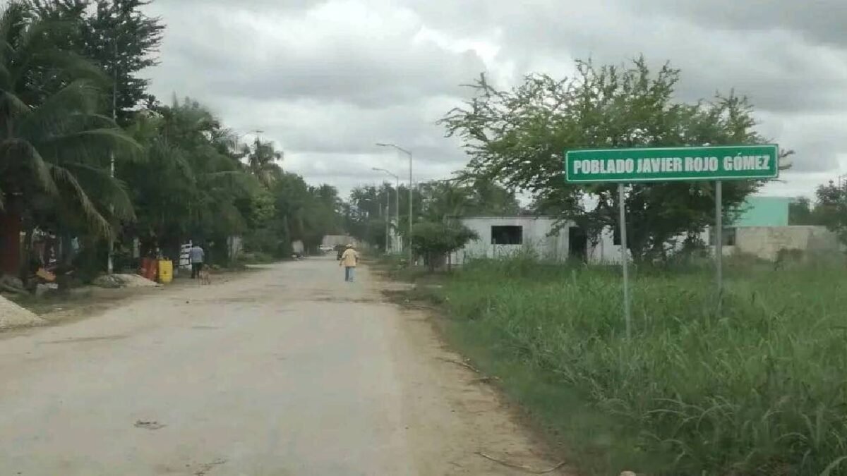 a dirt road lined with greenery and houses in Poblado Javier Rojo Gomez with a sign in the foreground