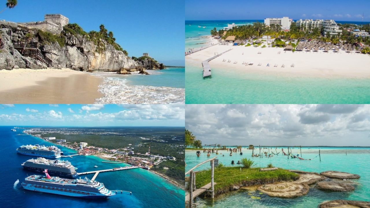 A collage of beautiful Caribbean landscapes featuring a beach with cliffs, a white sandy beach with resorts, a cruise ship port, and a tranquil lagoon with visitors.$# CAPTION